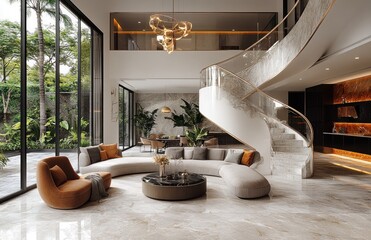 Modern luxury home interior design, showcasing a curved sofa and grand staircase, overlooking a lush garden