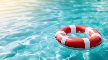 A vivid red life saver floats in calm, clear water, symbolizing safety and alertness in a serene swimming pool setting, ideal for promoting summer relaxation and safety.