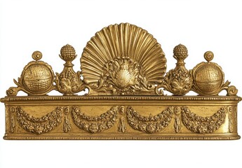 Ornate gold-toned decorative mantelpiece.  Features shell, globes, and floral embellishments.  A rich, decorative architectural piece