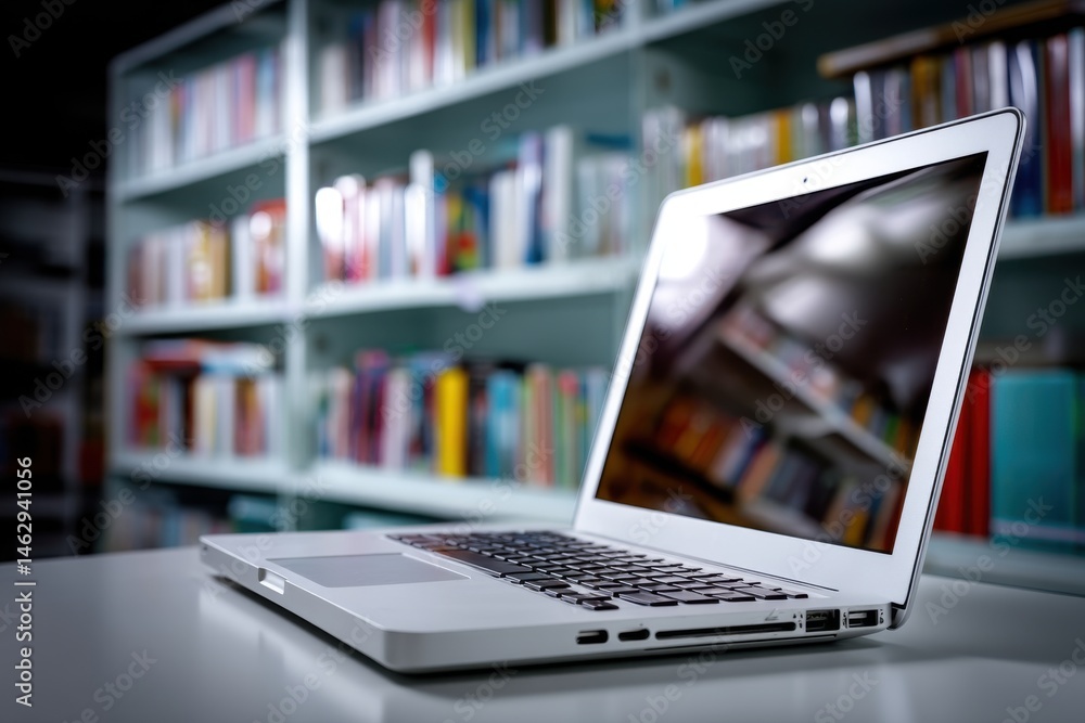 Poster an open laptop on a desk in a library, reflecting bookshelves on the screen and creating a modern st