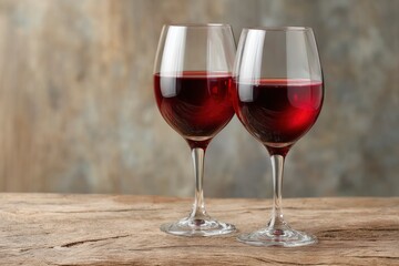 Two Red Wine Glasses on Rustic Wood: A Still Life