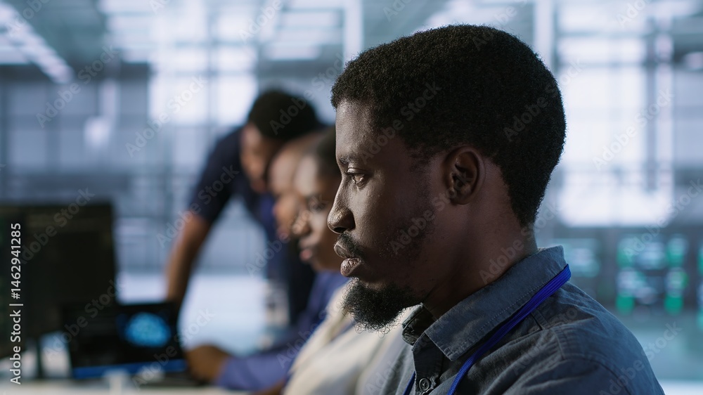 Poster system administrators in data center implementing ai systems. server farm specialists using artifici