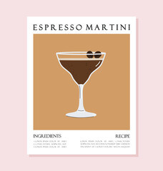 Summer drink poster cartoon flat. Espresso Martini cocktail recipe concept wall art. Trendy print