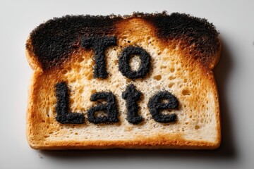 Burnt toast with the message 'To Late' scorched into it, a humorous illustration of poor timing, breakfast disaster and kitchen fails, a light food concept.