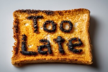A piece of toast with the words 'Too Late' burned onto its surface in black text, presenting a playful concept related to missed opportunity or timing, set on white background.