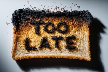 Burnt toast with the words 'Too Late' branded into it, symbolizing missed opportunities and procrastination in daily life, displayed on a plain white background.