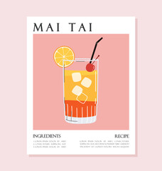 Summer drink poster cartoon flat. Mai Tai cocktail recipe concept wall art. Trendy print