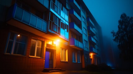 Eerie urban architecture enveloped in dense fog with striking contrasts