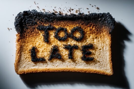 Burnt toast with the words 'Too Late' branded into it, symbolizing missed opportunities and procrastination in daily life, displayed on a plain white background.