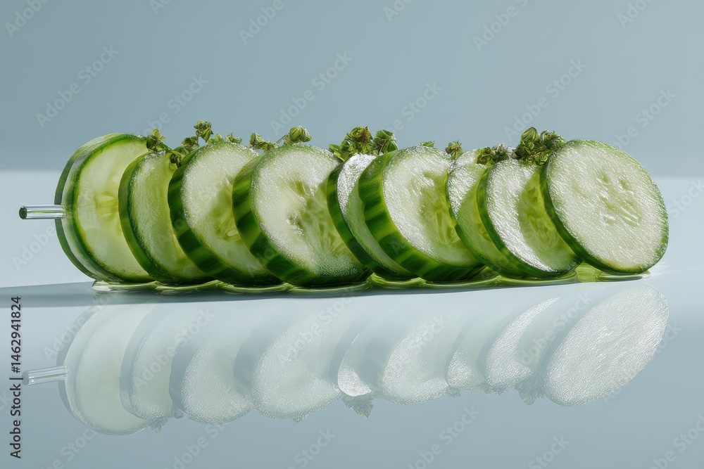 Poster fresh sliced cucumber arrangement showcasing vibrant green colors and textures, displayed on a refle