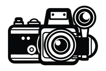 A retro camera with flash and lens is presented in minimalist black and white