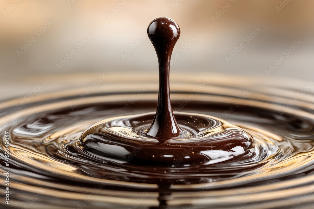 Poster macro shot of a chocolate drop falling and creating ripples in melted chocolate, demonstrating liqui