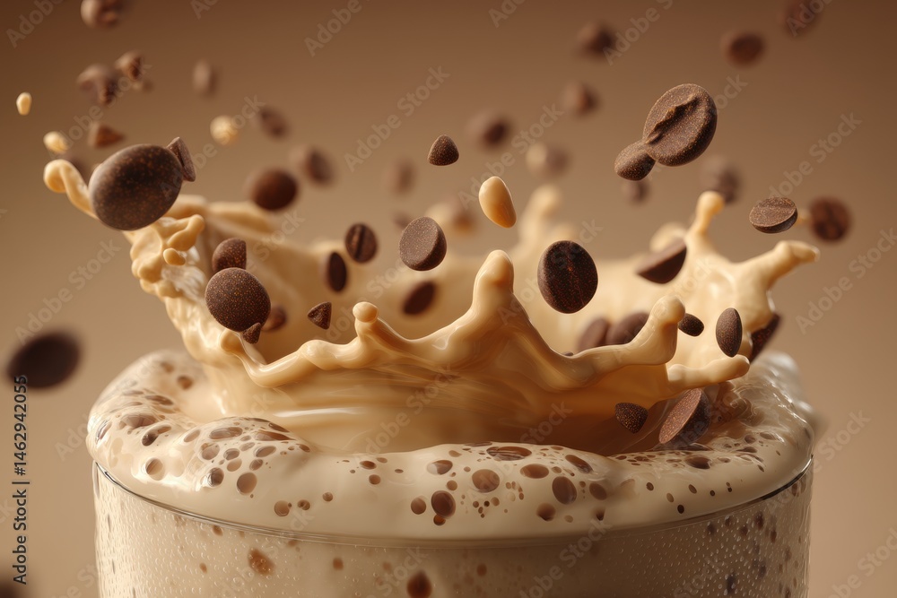 Aufkleber a captivating close-up of a chocolate flavored beverage splashing, with chocolate bits flying, brown