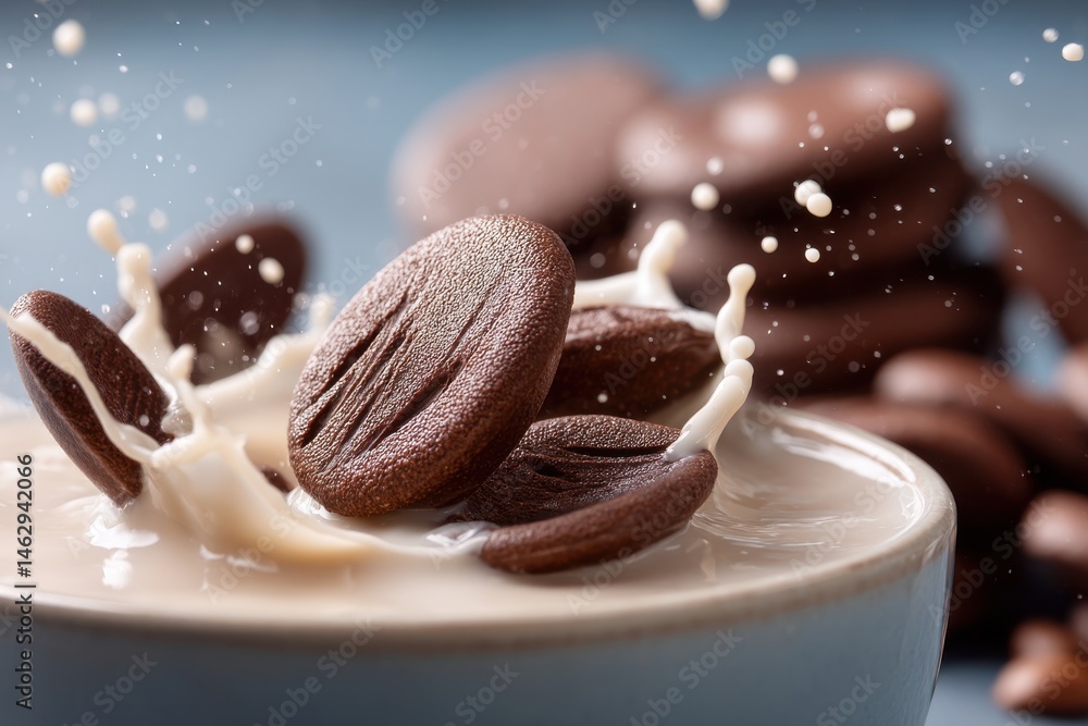 Poster a captivating shot of coffee beans dramatically splashing into a milky liquid, creating dynamic move