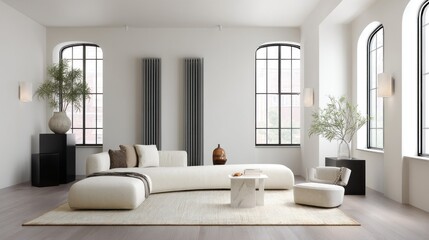 Minimalist art gallery-inspired living room with pedestal stands 