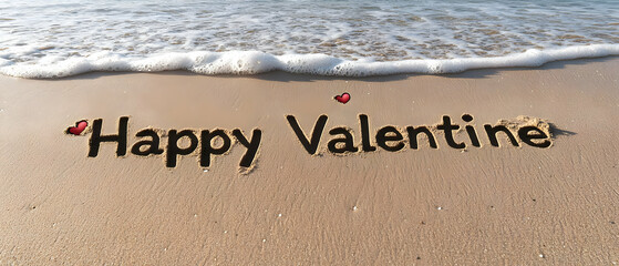 Happy Valentine Message Written In Sand On Beach