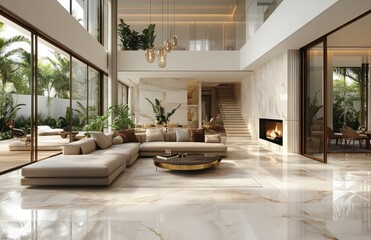 Modern luxury home interior, living room with fireplace, high ceilings, outdoor view
