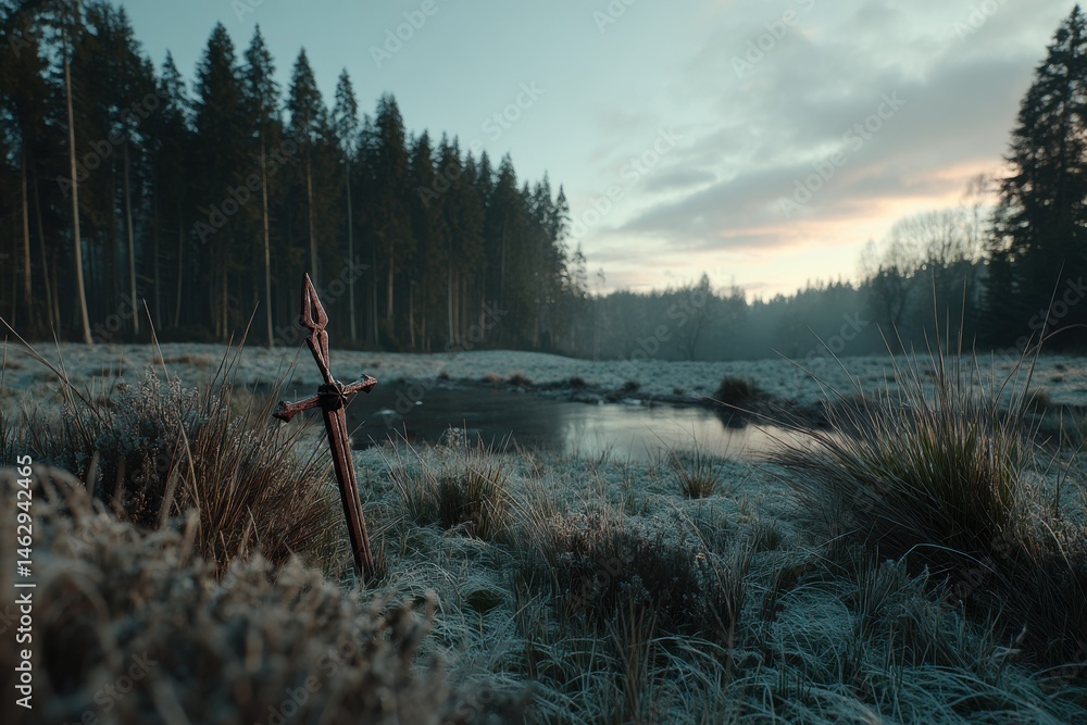 Poster an ancient sword standing in a frozen field near a misty forest with a pond, reflecting a mysterious