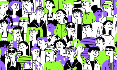 Seamless background, pattern of diverse female male heads. People. Diverse multiethnic group. Vector doodle illustration