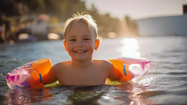 Smiling blonde caucasian child floating in warm water with colorful armbands during sunny day, with blurred shore and forest in background. Concept of summer fun and childhood freedom