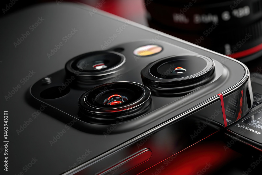 Poster a close-up studio shot showcasing a modern smartphone with its advanced triple-lens camera system, e