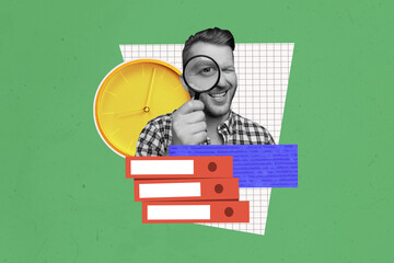3d sketch poster trend collage image of happy businessman hold magnifier lens zoom time limit...