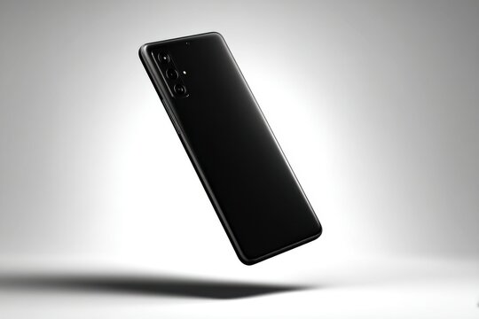 A sleek, black smartphone levitating in a studio environment, showcasing its minimalist design and camera system, ideal for tech reviews or product demonstrations.