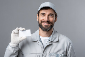 Portrait of a friendly construction worker presenting a blank white card, with a genuine smile and professional demeanor against a neutral background, indoors shot.