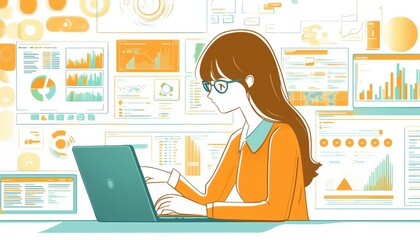 Female Analyst Utilizes Laptop And Dashboard For Business Analysis, Data Management System With Kpis And Indicators Connected To Database In Technology Finance And Corporate Strategy.