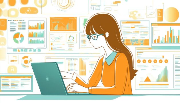 Female Analyst Utilizes Laptop And Dashboard For Business Analysis, Data Management System With Kpis And Indicators Connected To Database In Technology Finance And Corporate Strategy.