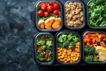 Balanced Meal Boxes: Healthy Food Arrangements on a Dark Backdrop