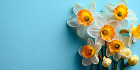 Fototapeta premium Beautiful daffodils on light blue background, flat lay. Space for text