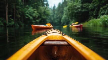 A peaceful scene of kayaks gliding through a lush green river surrounded by dense trees, perfect for outdoor enthusiasts seeking adventure and tranquility in nature.