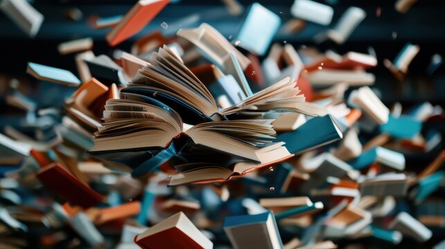 This dynamic image showcases open books floating in mid-air, arranged in a spiraling formation, highlighting the beauty of knowledge and the sense of creativity and freedom.
