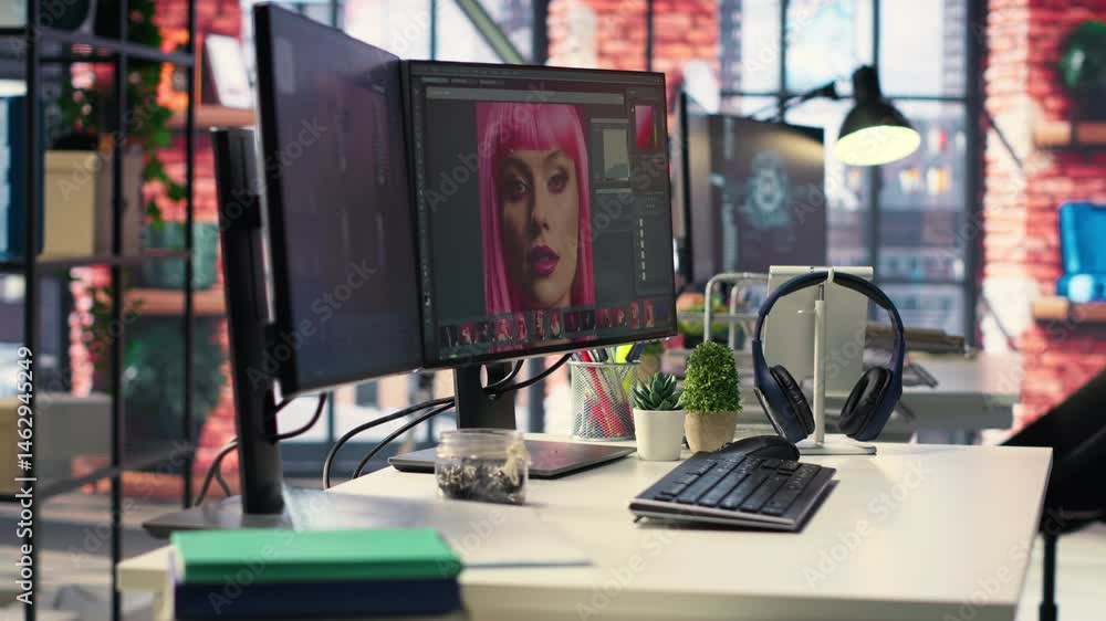 Aufkleber modern office workspace equipped for digital design and photo editing. screens show advanced editing