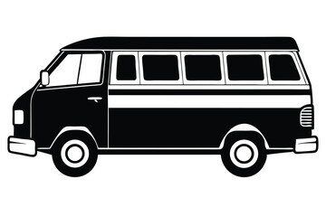 Black and white side view reveals a retro van with distinct stripes