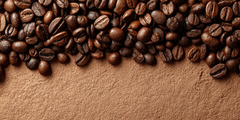 Aromatic coffee beans on brown background, top view. Space for text