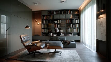 Minimalist den with built-in lounge and reading lights  