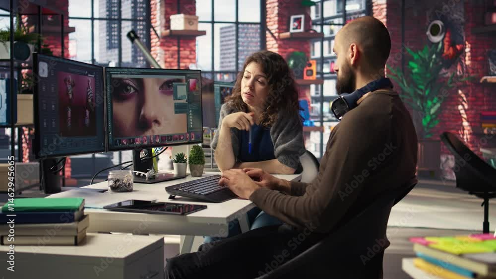 Poster graphic designer and photographer collaborate in a modern studio, using ai powered photo editing sof
