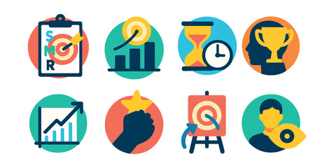 Flat vector icons of setting realistic goals: applying SMART goals badge, breaking goals into action steps badge, setting time frames for goals badge, visualizing goal achievement badge, tracking