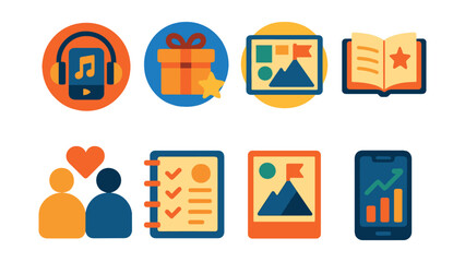 Flat vector icons of self-motivation techniques: creating motivation playlists badge, designing personal reward systems badge, building motivation vision board badge, reading inspirational stories