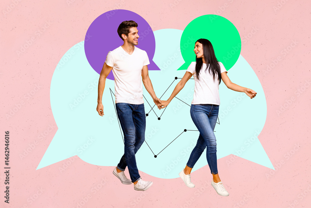 Poster full image art collage of two happy girl guy bubble chatterbox communication phrase dialogue discuss