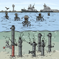 Harbor Kraken Attack Cartoon illustration of monstrous sea creatures attacking harbor pipes, with ships in the background, suitable for children's books or fantasy art