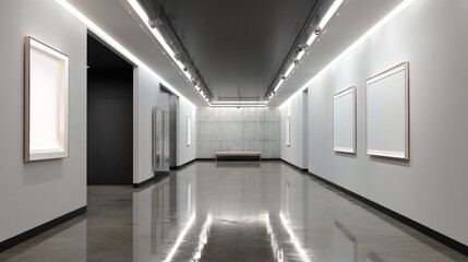 Obraz premium Minimalist gallery hall with side strip lighting and art (mockup) 
