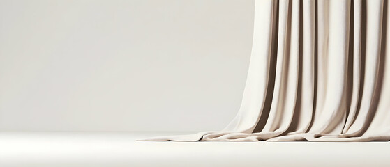 Beige And Brown Striped Curtain Draped Against White Background