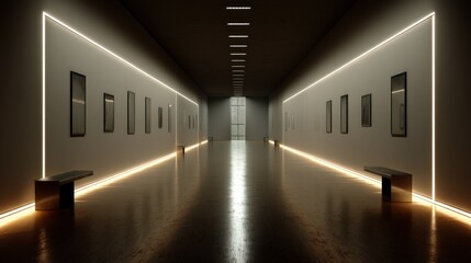 Minimalist gallery hall with side strip lighting and art (mockup)  