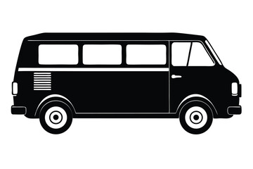 Silhouette of a retro black van with three windows showcases a vintage style