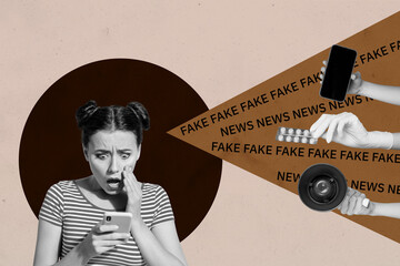 Creative full artwork pop collage of happy puzzled girl listen fake news propaganda fishing spam...