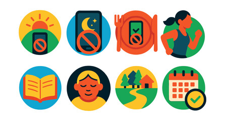 Flat vector icons of building a digital detox routine: starting mornings device-free badge, creating device curfews at night badge, limiting screen time during meals badge, tech-free exercise