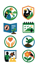 Flat vector icons of nature conservation activities: volunteering for cleanups badge, joining wildlife protection projects badge, supporting national parks planner, reducing single-use plastics guide